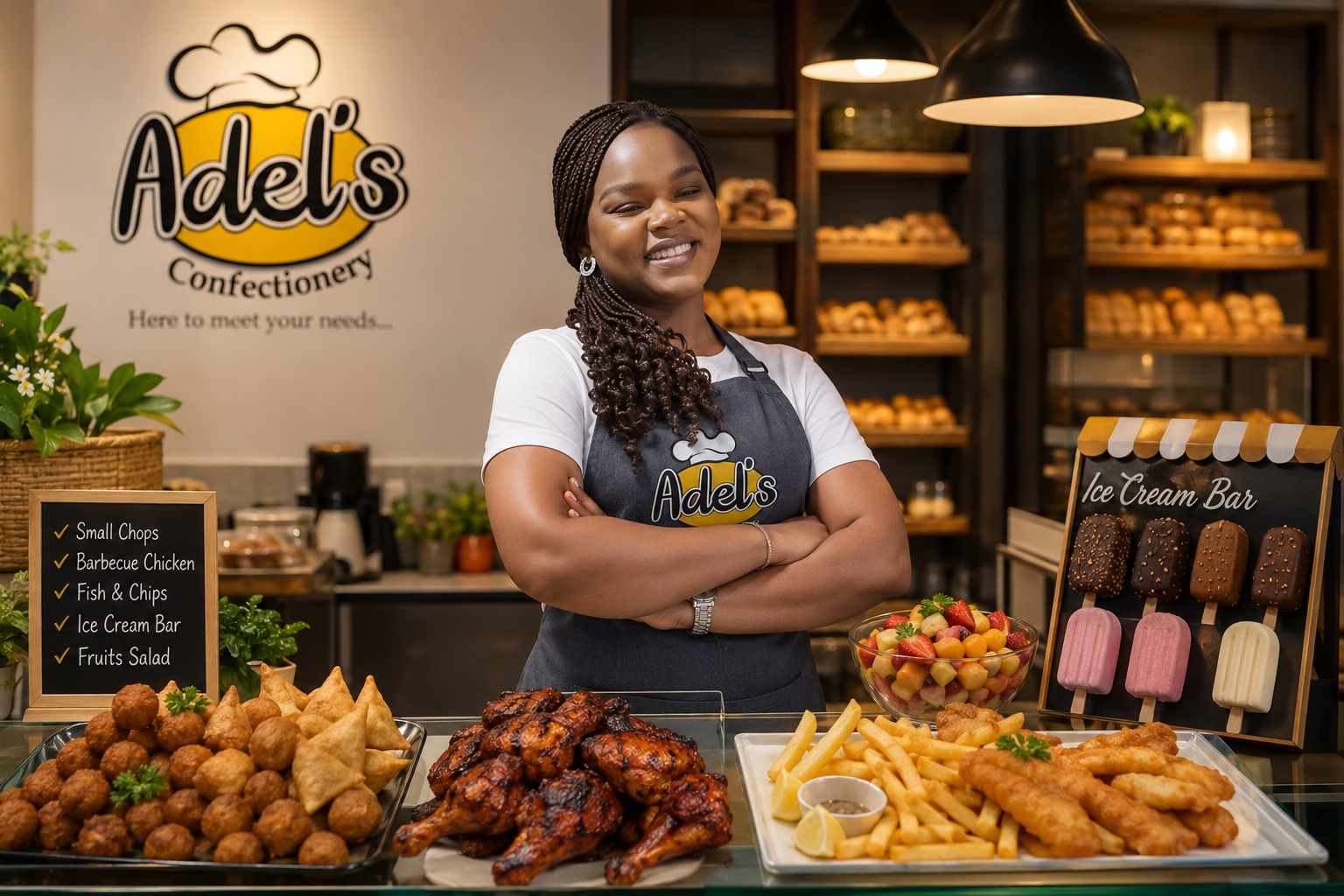 Adel's Confectionery owner with small chops, barbecue chicken, fish & chips and ice cream bar
